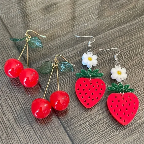 Red Cherry and Strawberry Earrings Set - Picture 1 of 14